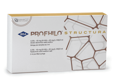Verpakking van Profhilo Structura, een injectable behandeling voor huidversteviging en verbetering van gezichtscontouren.